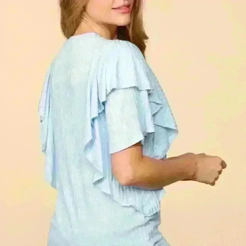Baby Blue Ribbed Double Flutter‎ Short Sleeve Top - Picture 3 of 6